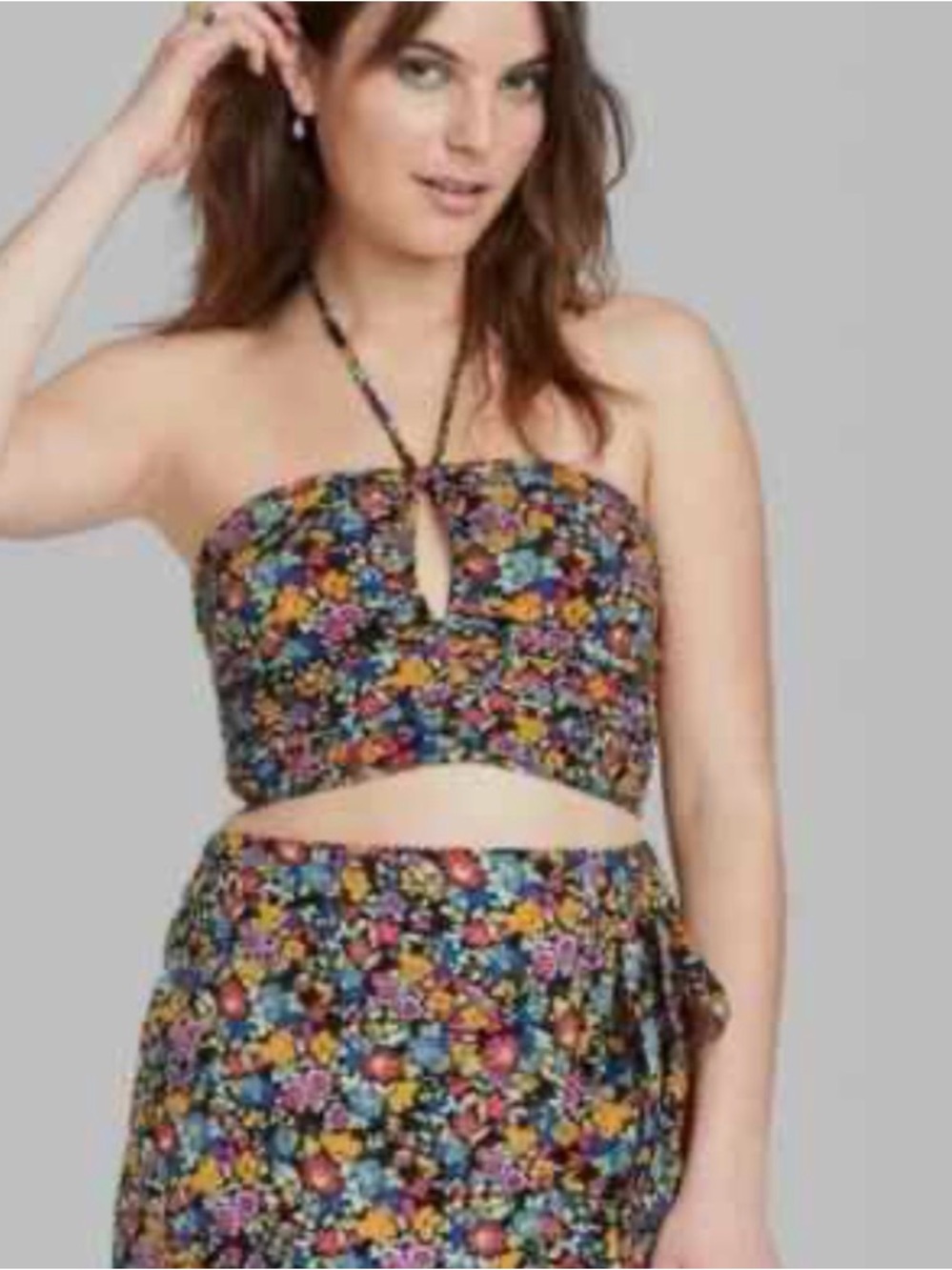 #341 Wild Fable Adorable Floral Halter Crop Top & Fake Wrap Skirt Set -